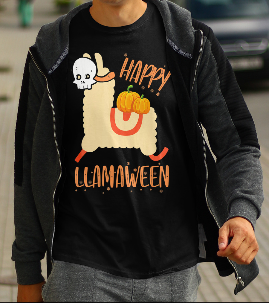 Happy Llamaween Funny Halloween Llama With Pumpkins T-Shirt