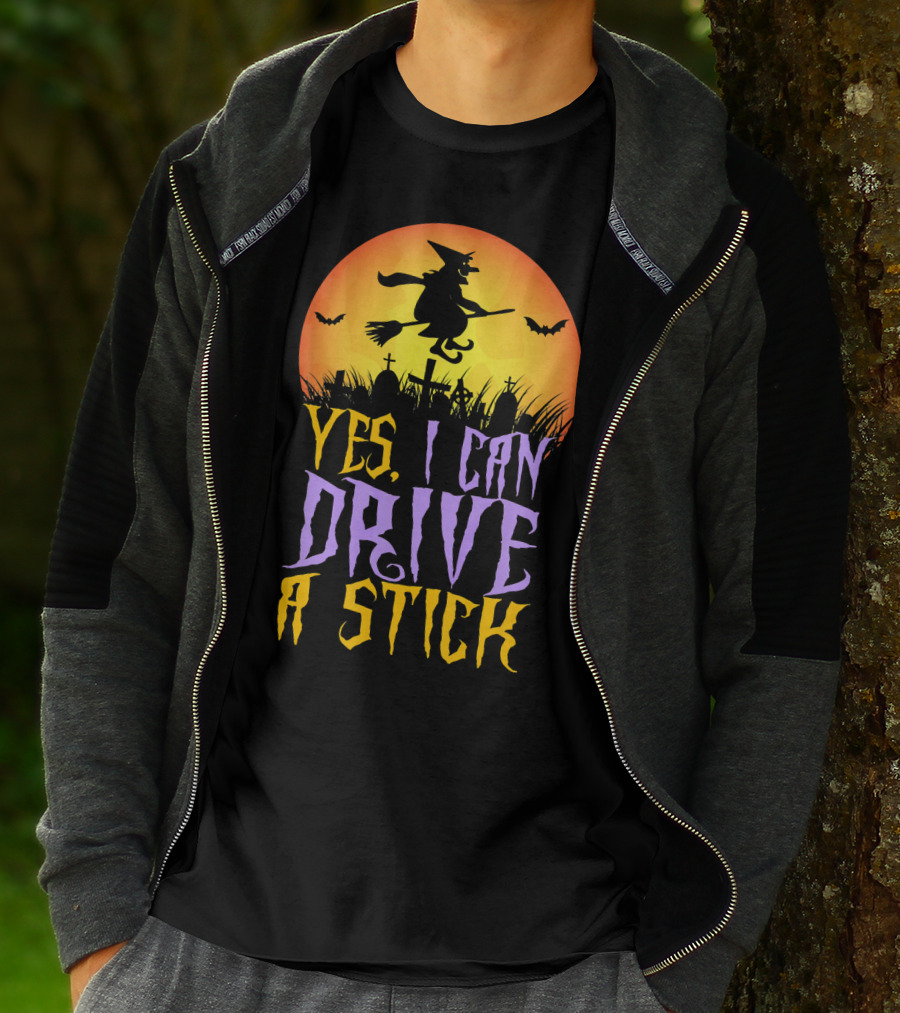 Yes I Can Drive A Stick Witch Graveyard Bats Halloween Moon T-Shirt