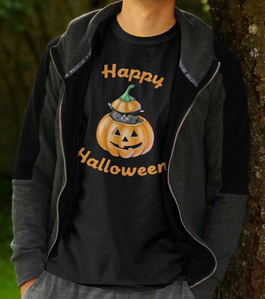Happy Halloween Funny Cat In Pumpkin T-Shirt