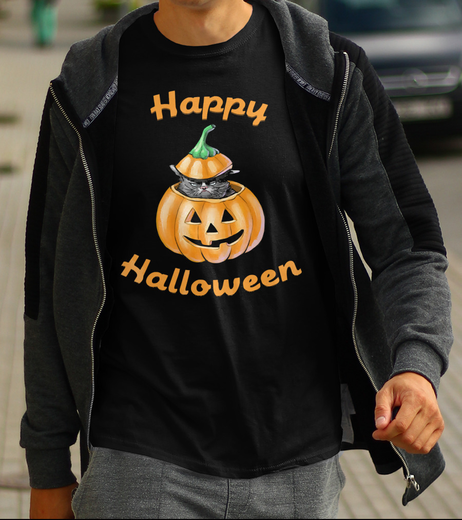 Happy Halloween Funny Cat In Pumpkin T-Shirt