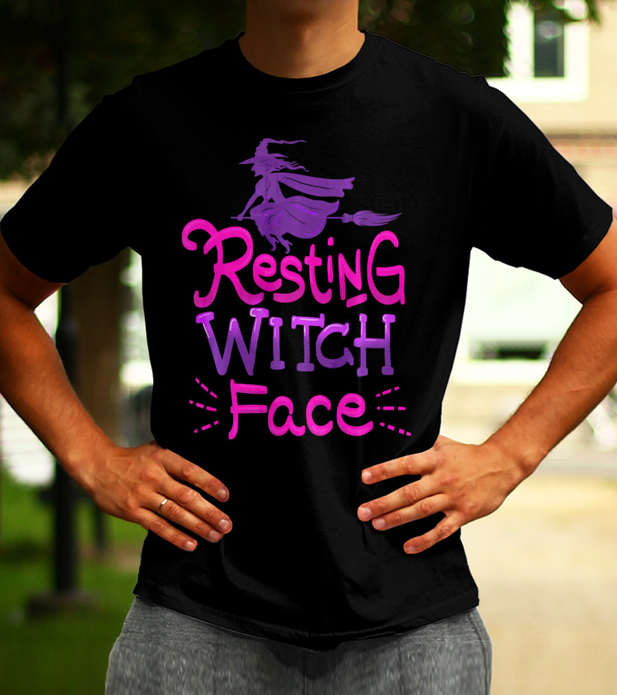 Resting Witch Face Halloween Broomstick T-Shirt