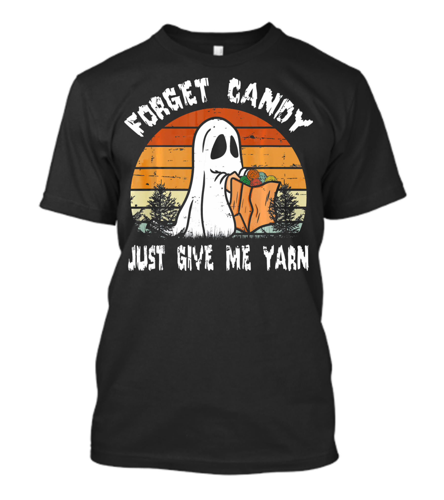Forget Candy Just Give Me Yarn Ghost With Retro Sunset And Trees T-Shirt