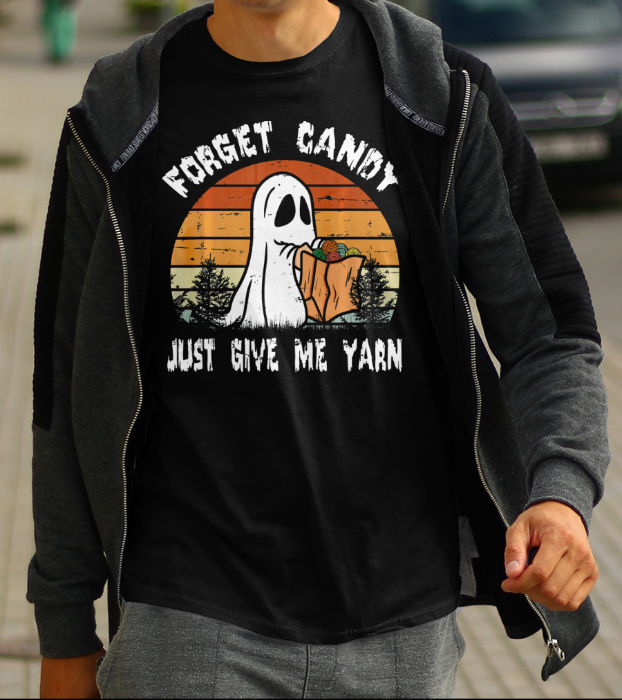 Forget Candy Just Give Me Yarn Ghost With Retro Sunset And Trees T-Shirt
