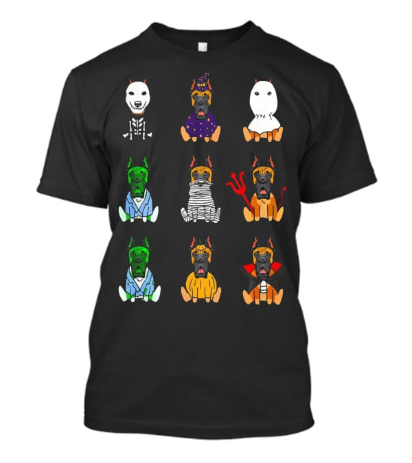 Great Dane Dog Lover Halloween Costume Grid Featuring Skeleton, Witch, Ghost, Frankenstein, Mummy, Devil, Dracula, And More T-Shirt