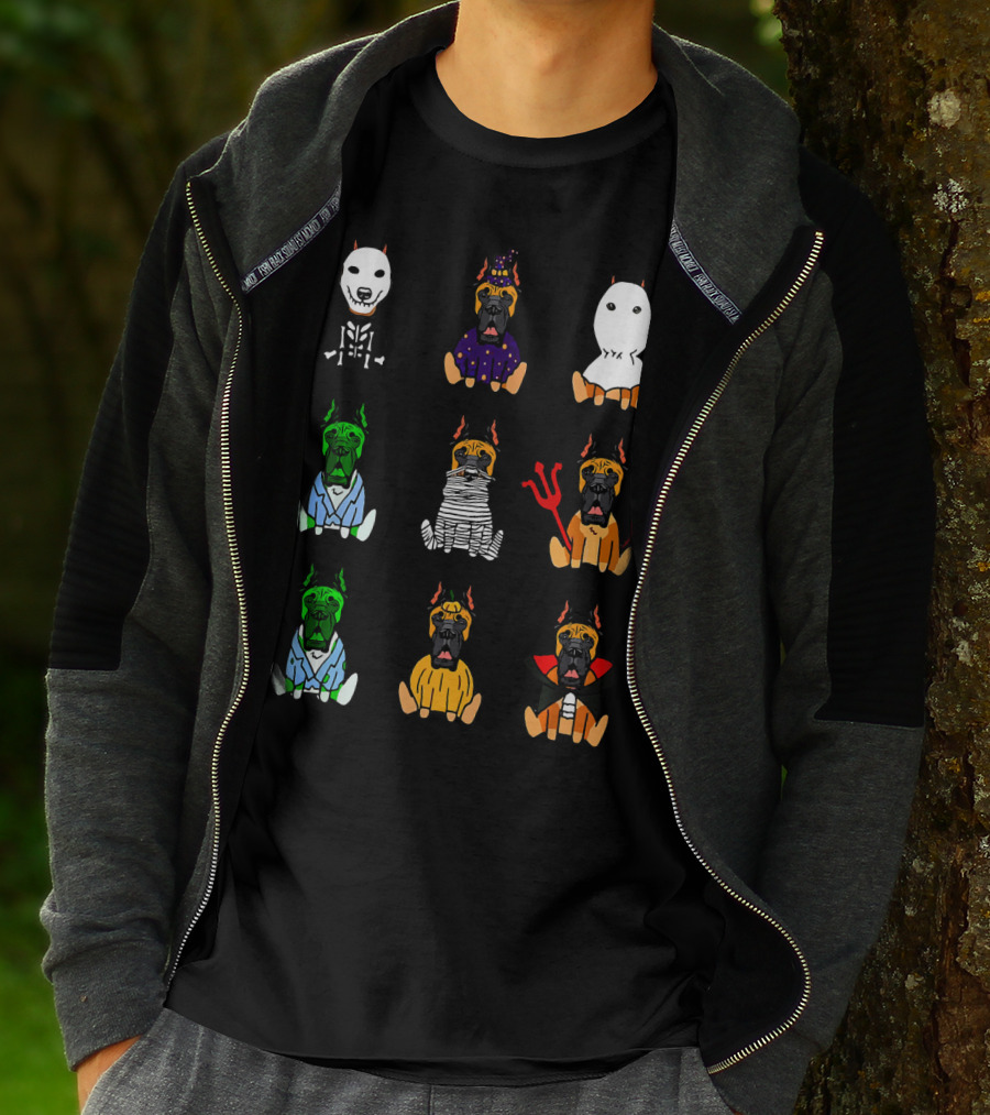 Great Dane Dog Lover Halloween Costume Grid Featuring Skeleton, Witch, Ghost, Frankenstein, Mummy, Devil, Dracula, And More T-Shirt