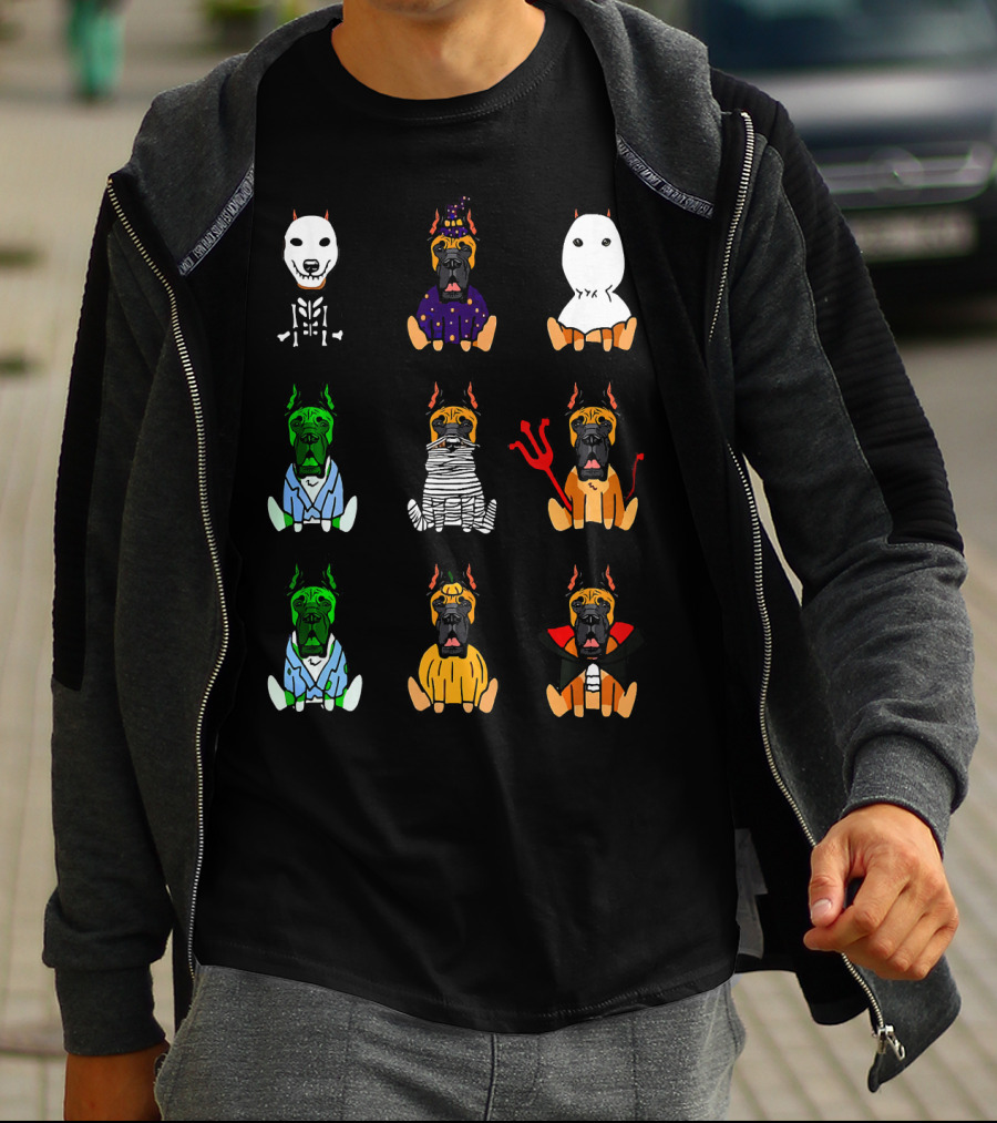 Great Dane Dog Lover Halloween Costume Grid Featuring Skeleton, Witch, Ghost, Frankenstein, Mummy, Devil, Dracula, And More T-Shirt