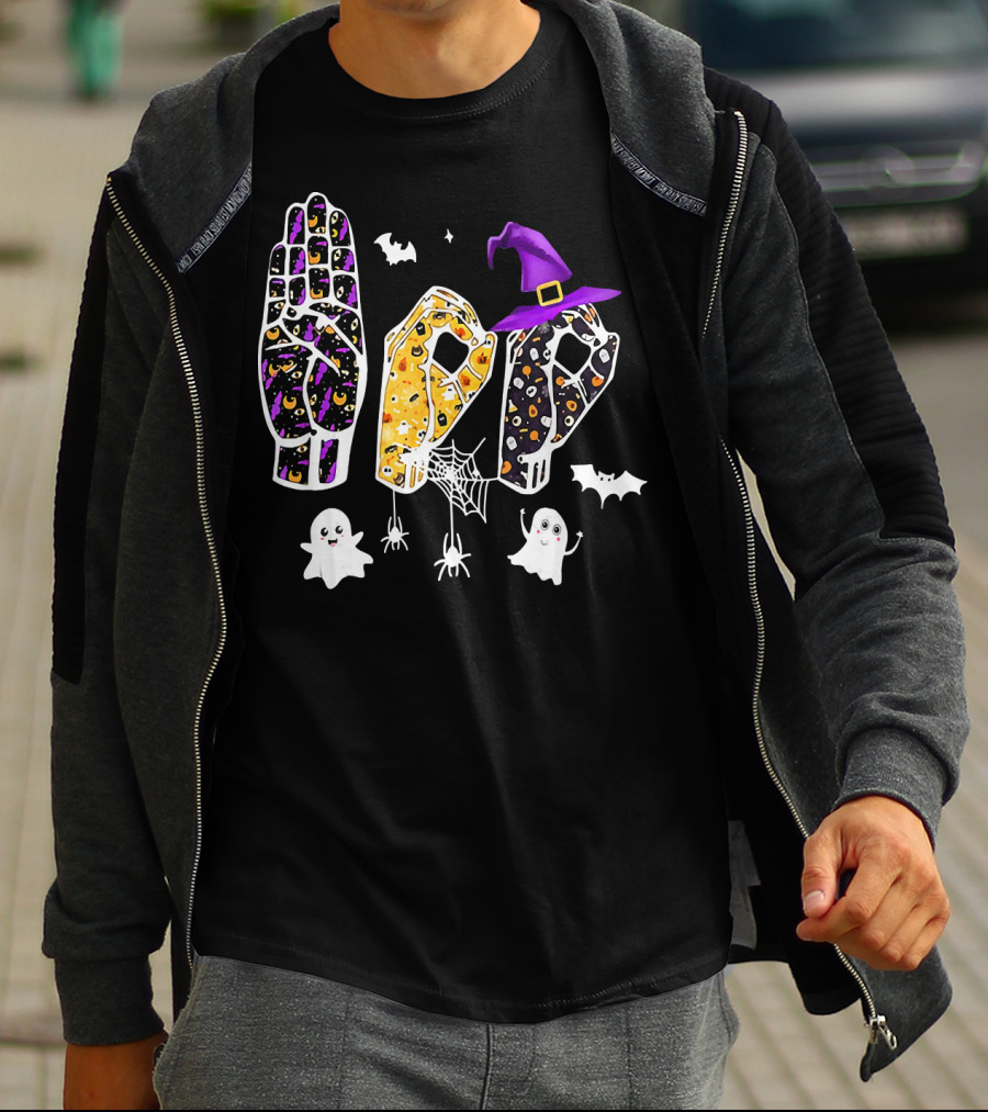Funny Halloween Sign Language ASL Boo With Ghosts And Witch Hat T-Shirt