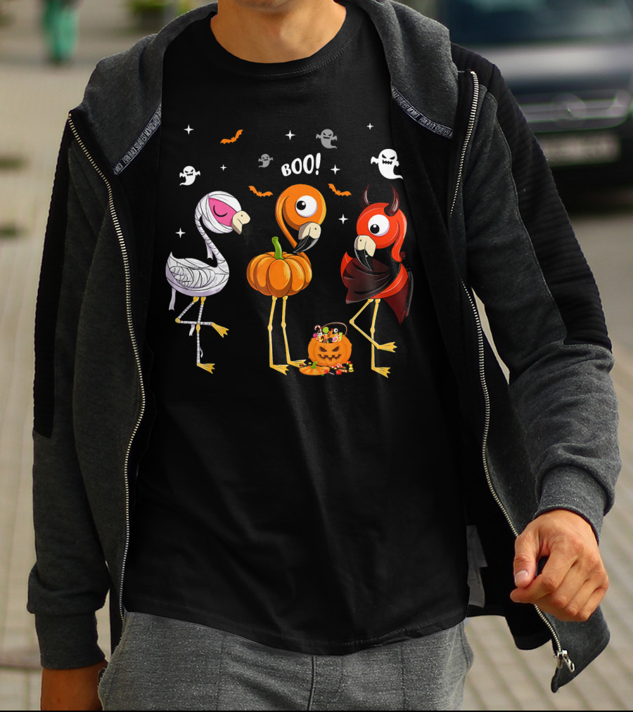 Funny Three Halloween Boo Flamingoes Pumpkin Ghosts T-Shirt