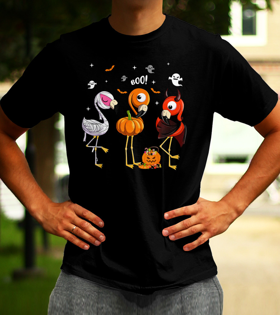 Funny Three Halloween Boo Flamingoes Pumpkin Ghosts T-Shirt