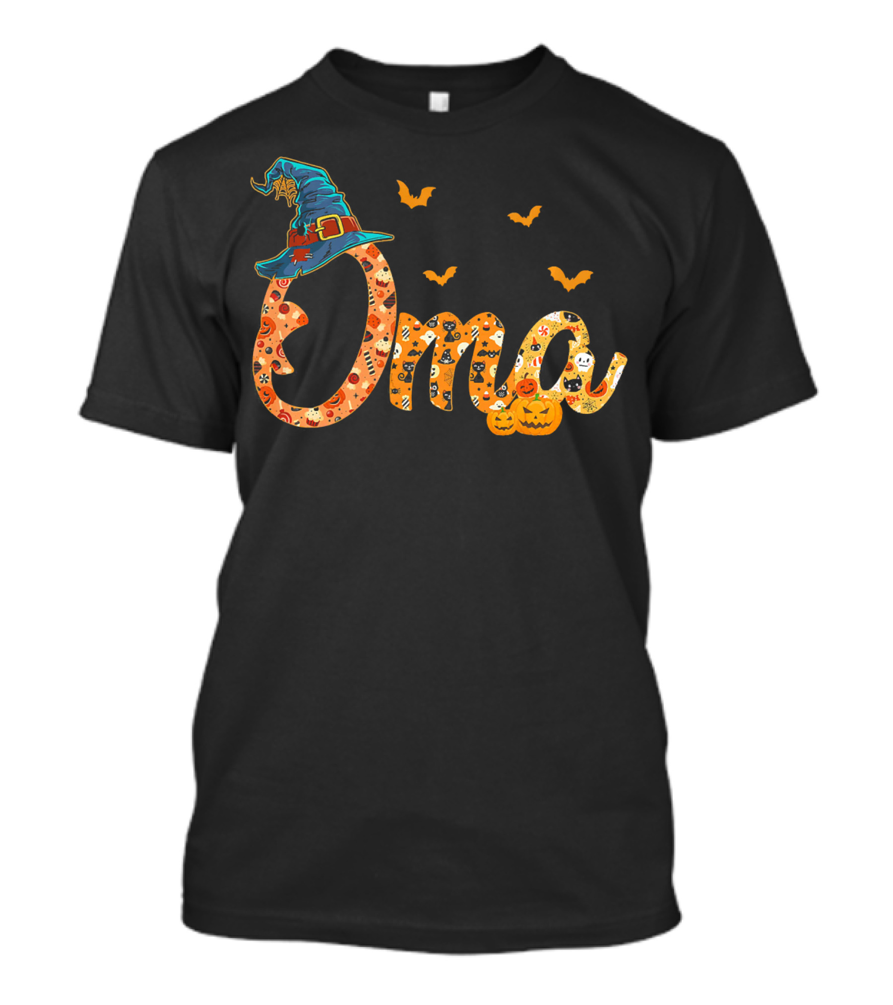 Oma Halloween Witch Hat Bats Pumpkins Costume T-Shirt