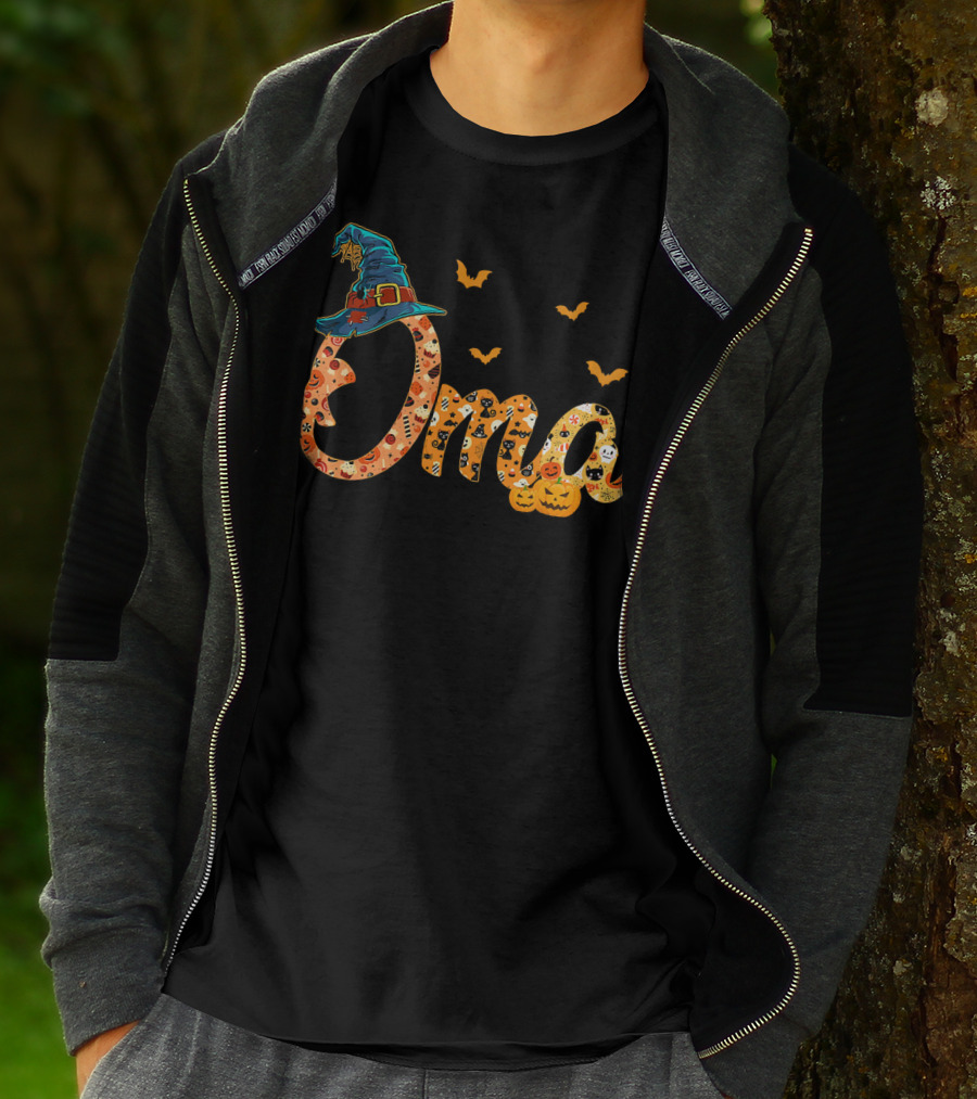 Oma Halloween Witch Hat Bats Pumpkins Costume T-Shirt