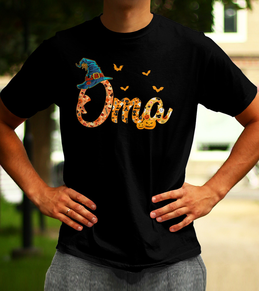 Oma Halloween Witch Hat Bats Pumpkins Costume T-Shirt