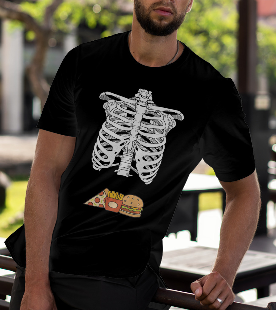 Skeleton Eating Pizza Fries And Burger T-Shirt