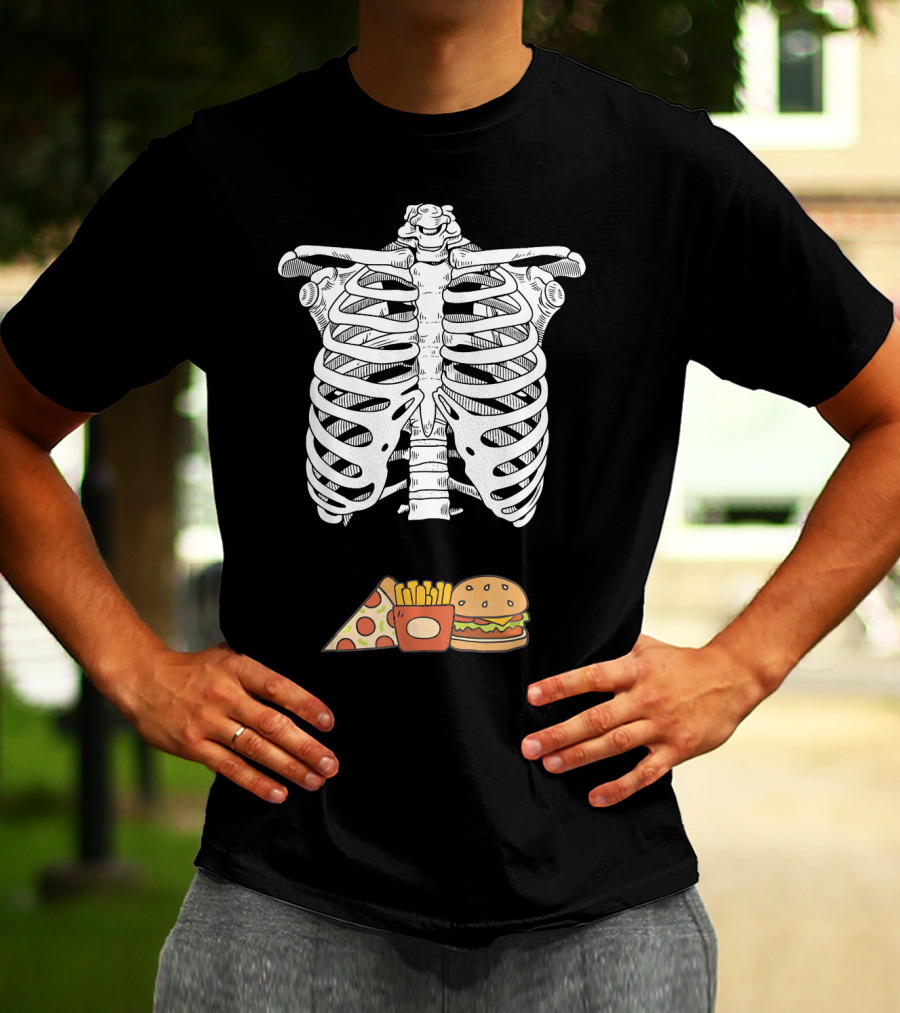 Skeleton Eating Pizza Fries And Burger T-Shirt