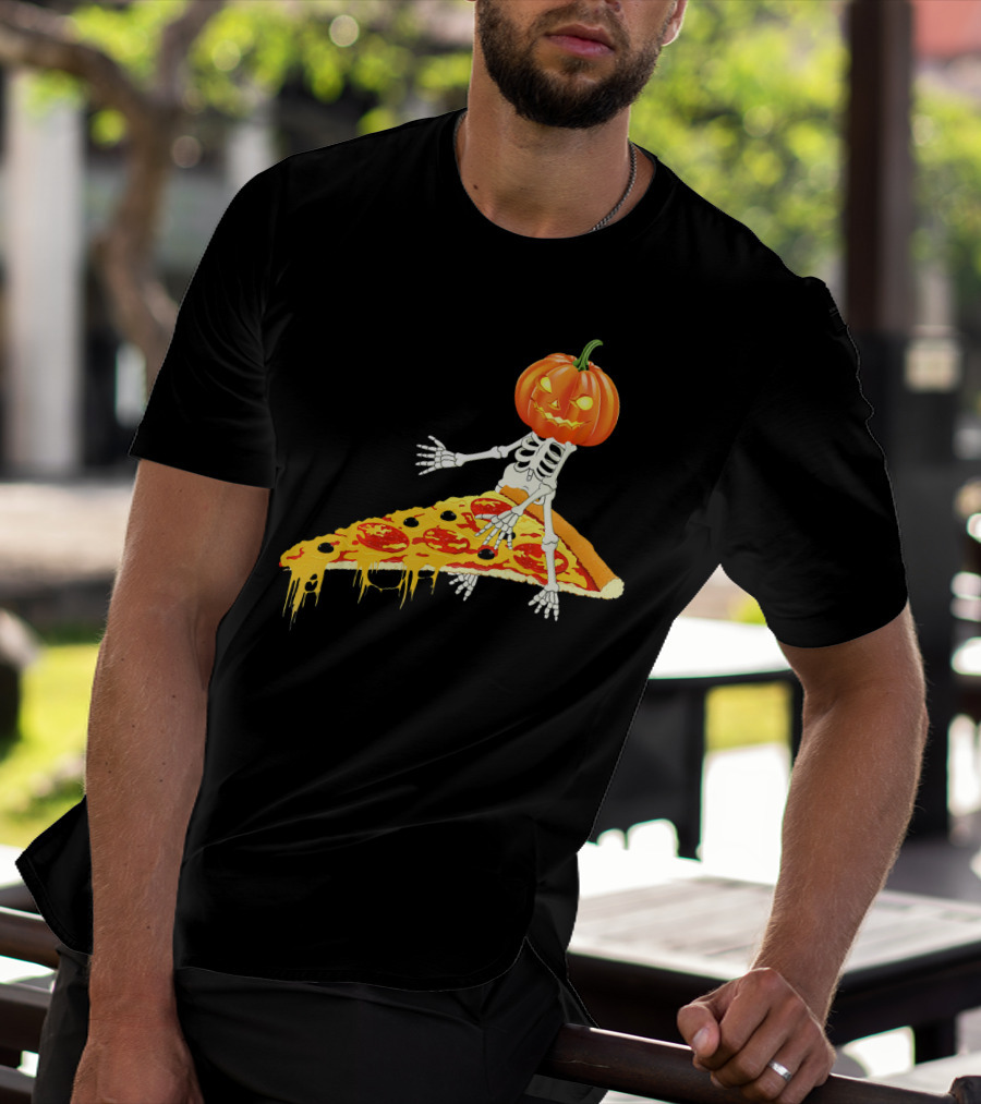 Pumpkin Head Skeleton Sitting On Pizza Slice With Pepperoni T-Shirt