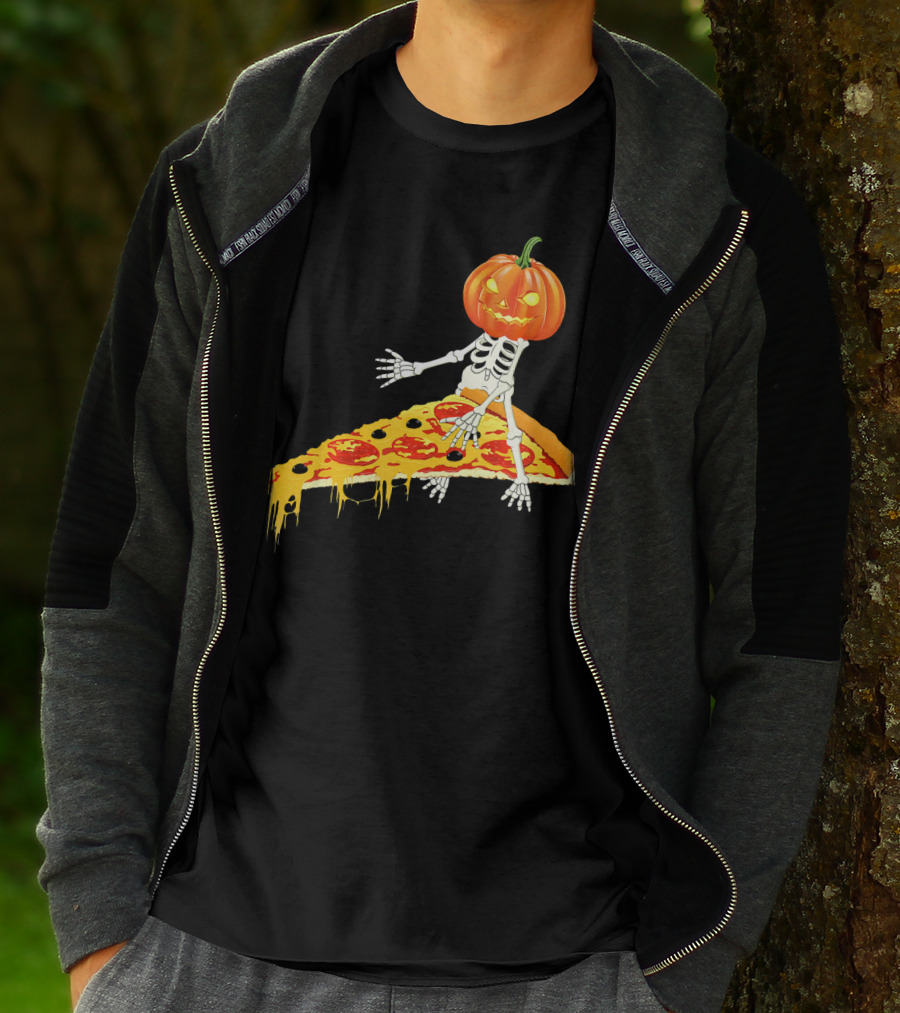 Pumpkin Head Skeleton Sitting On Pizza Slice With Pepperoni T-Shirt