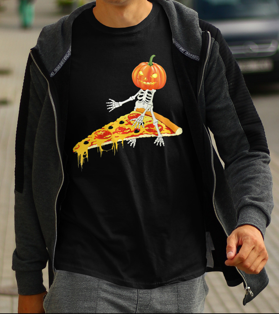 Pumpkin Head Skeleton Sitting On Pizza Slice With Pepperoni T-Shirt
