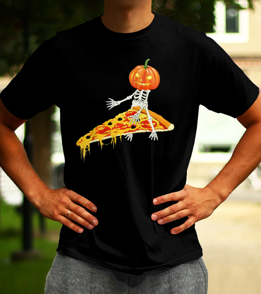 Pumpkin Head Skeleton Sitting On Pizza Slice With Pepperoni T-Shirt