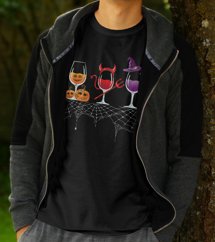 Vintage Halloween Red Devil Purple Witch Wine Glass Pumpkin Faces T-Shirt