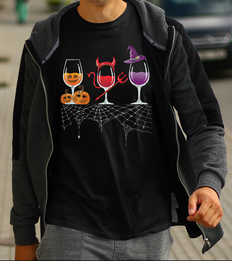 Vintage Halloween Red Devil Purple Witch Wine Glass Pumpkin Faces T-Shirt