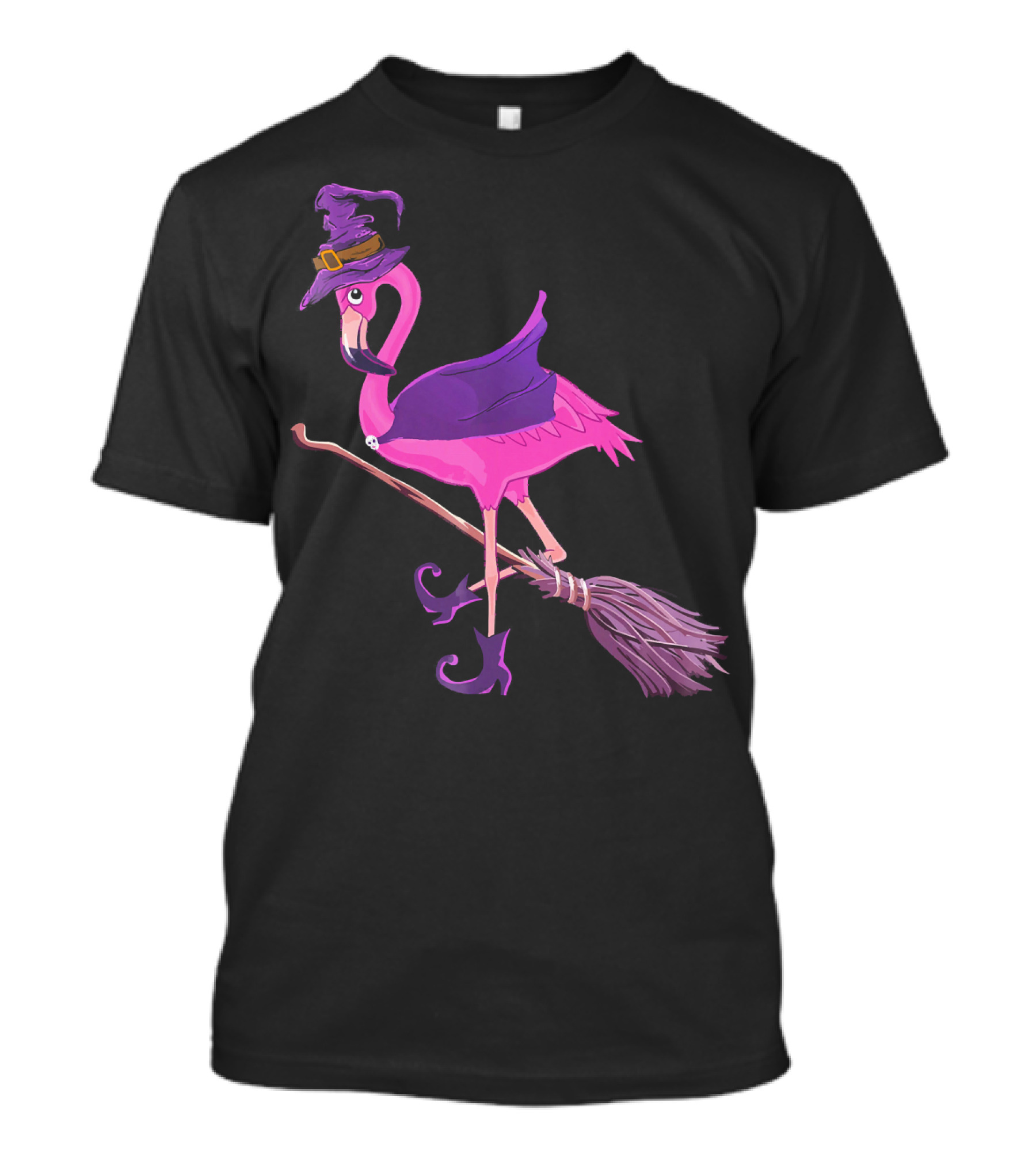 Flamingo Witch Riding Broomstick Funny Halloween T-Shirt