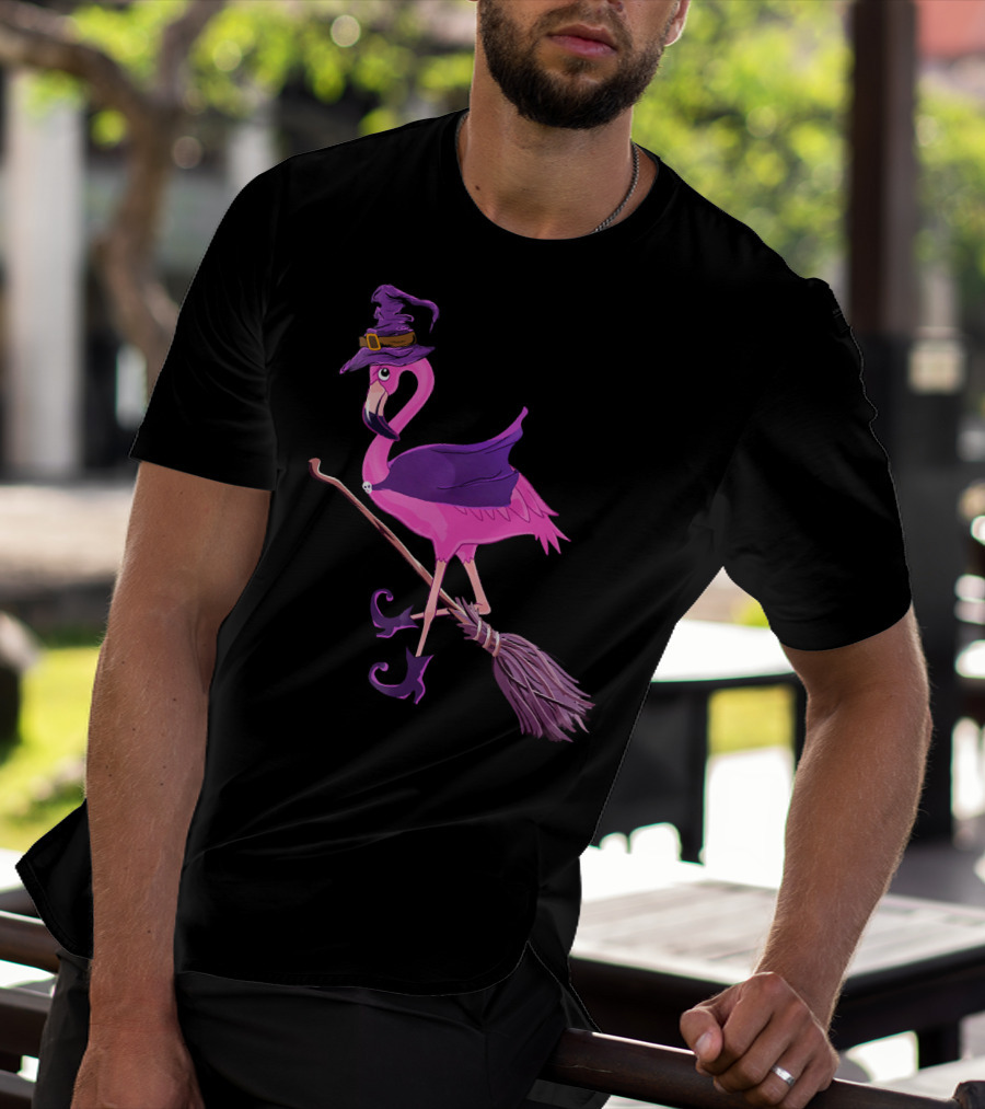 Flamingo Witch Riding Broomstick Funny Halloween T-Shirt