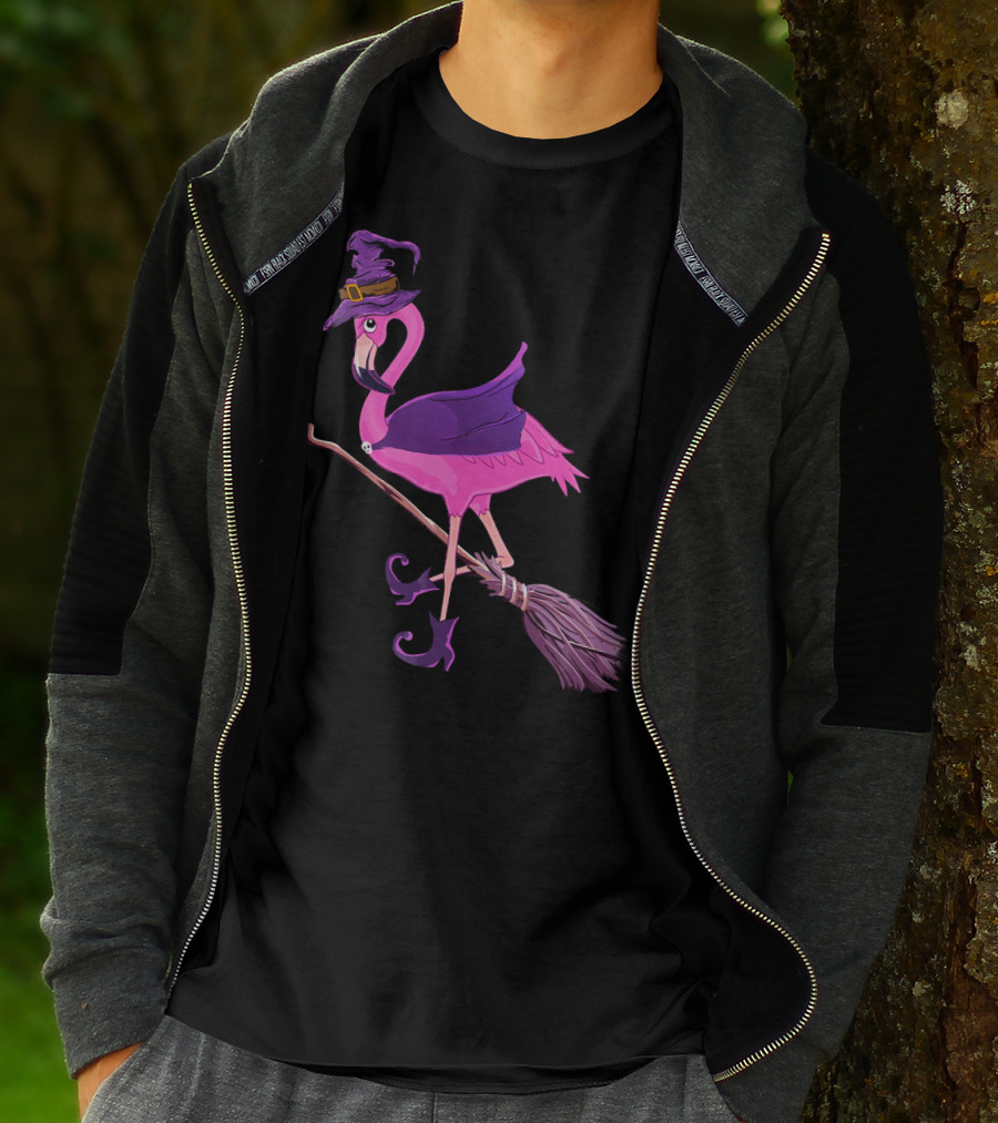 Flamingo Witch Riding Broomstick Funny Halloween T-Shirt