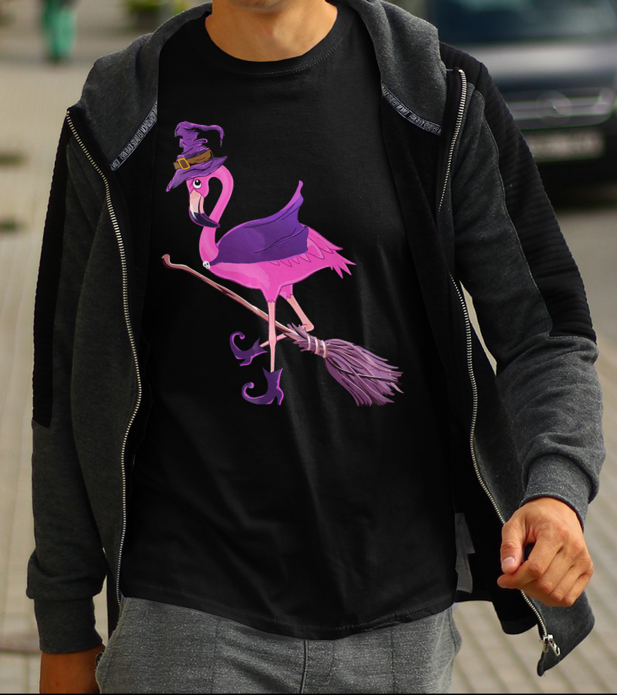 Flamingo Witch Riding Broomstick Funny Halloween T-Shirt