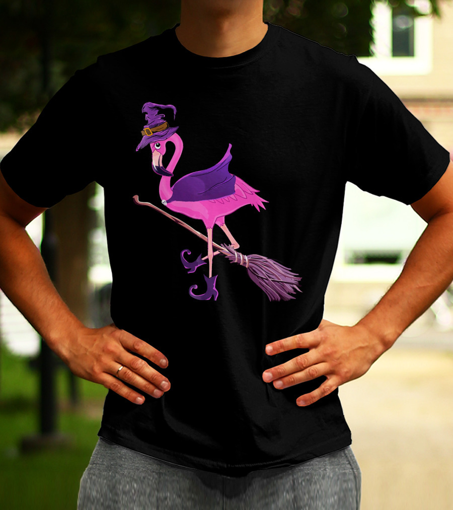 Flamingo Witch Riding Broomstick Funny Halloween T-Shirt