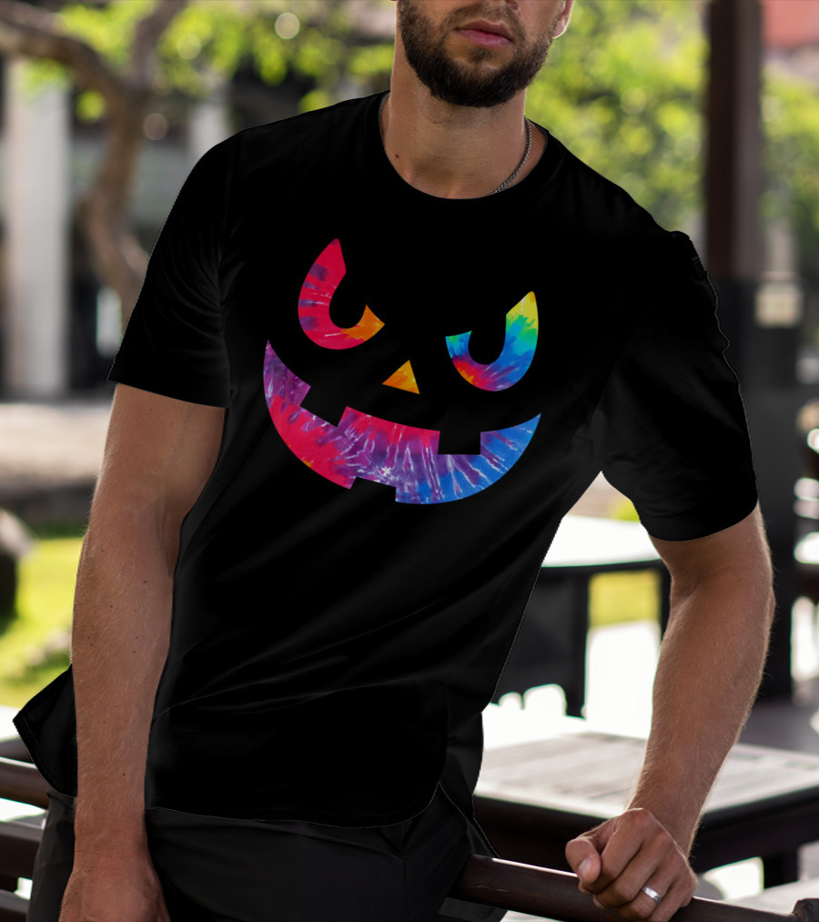 Scary Rainbow Tie Dye Jack O Lantern Face T-Shirt