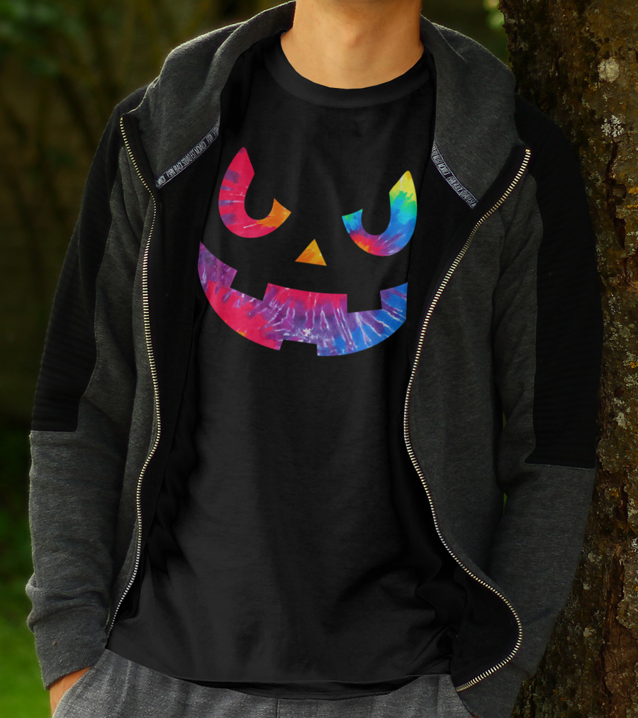 Scary Rainbow Tie Dye Jack O Lantern Face T-Shirt