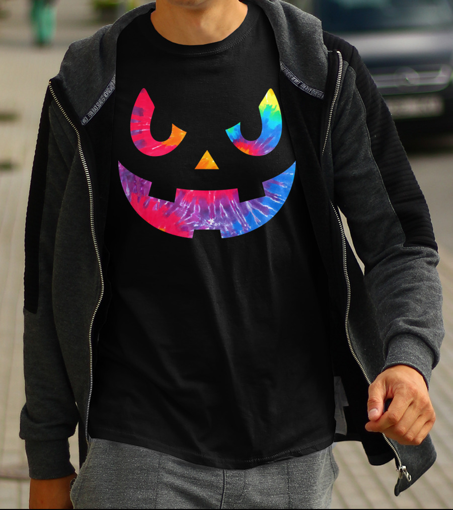Scary Rainbow Tie Dye Jack O Lantern Face T-Shirt