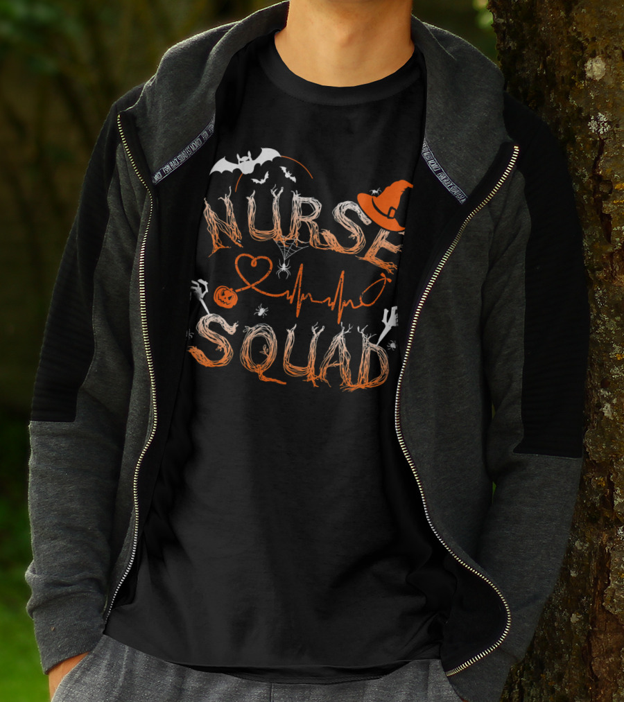 Nurse Squad Halloween Theme With Witch Hat And Bat Elements T-Shirt
