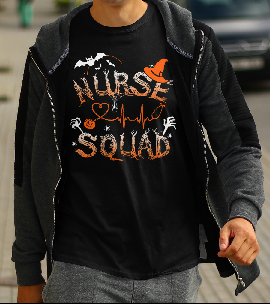 Nurse Squad Halloween Theme With Witch Hat And Bat Elements T-Shirt