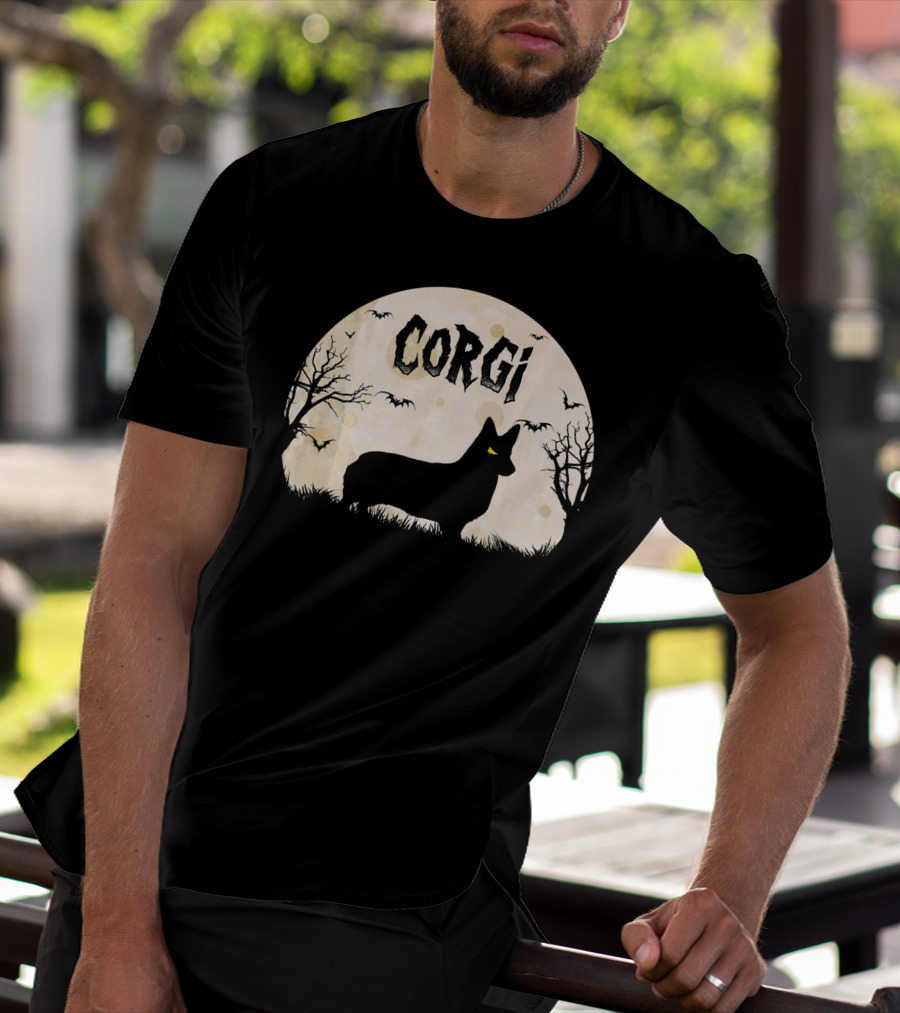 Corgi Halloween Horror Silhouette With Moon And Bats T-Shirt
