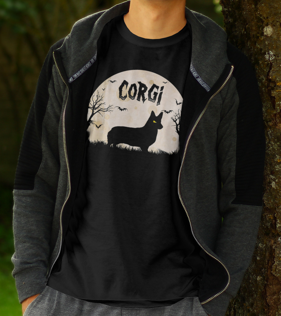 Corgi Halloween Horror Silhouette With Moon And Bats T-Shirt