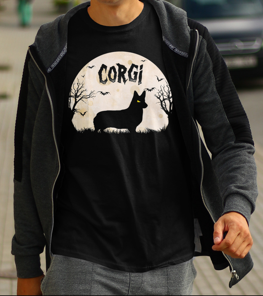 Corgi Halloween Horror Silhouette With Moon And Bats T-Shirt