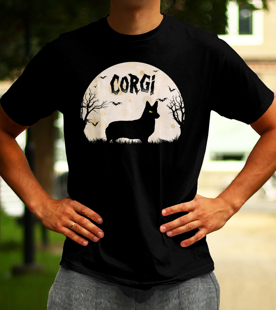Corgi Halloween Horror Silhouette With Moon And Bats T-Shirt
