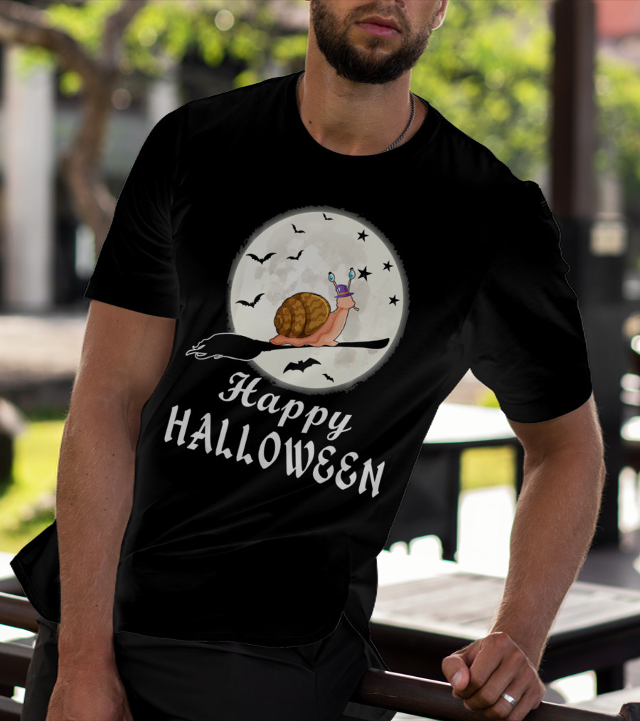 Happy Halloween Snail Riding Broomstick With Full Moon And Bats T-Shirt