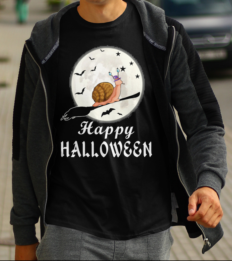 Happy Halloween Snail Riding Broomstick With Full Moon And Bats T-Shirt