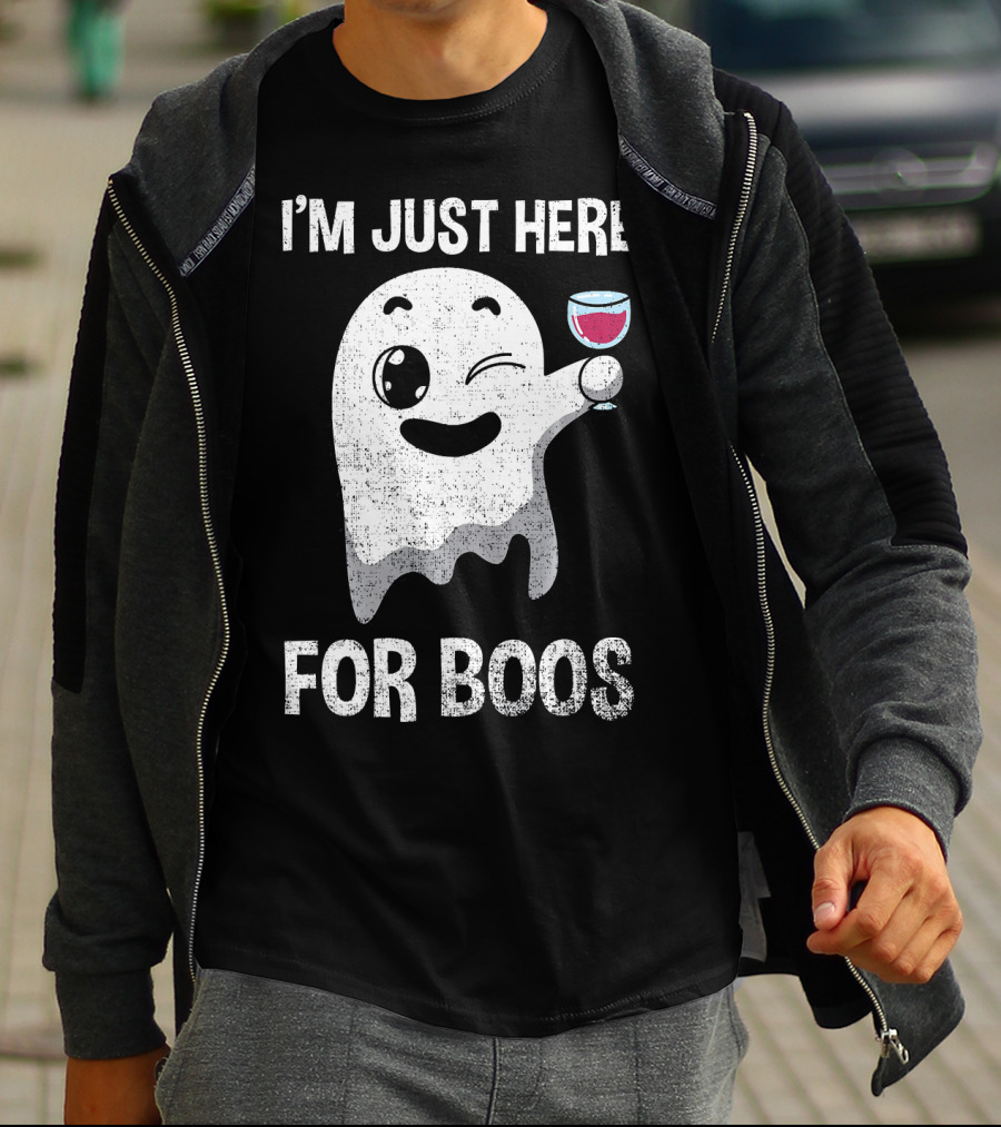 I'M JUST HERE FOR BOOS Ghost Holding Wine Glass T-Shirt
