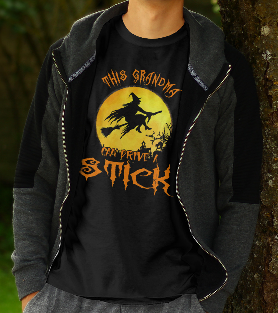 This Grandma Can Drive A Stick Witch Silhouette Flying Broomstick Full Moon Halloween Scene T-Shirt