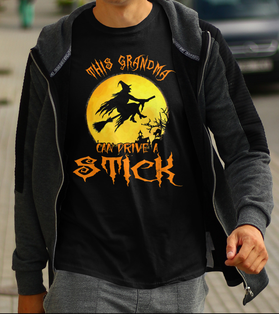 This Grandma Can Drive A Stick Witch Silhouette Flying Broomstick Full Moon Halloween Scene T-Shirt