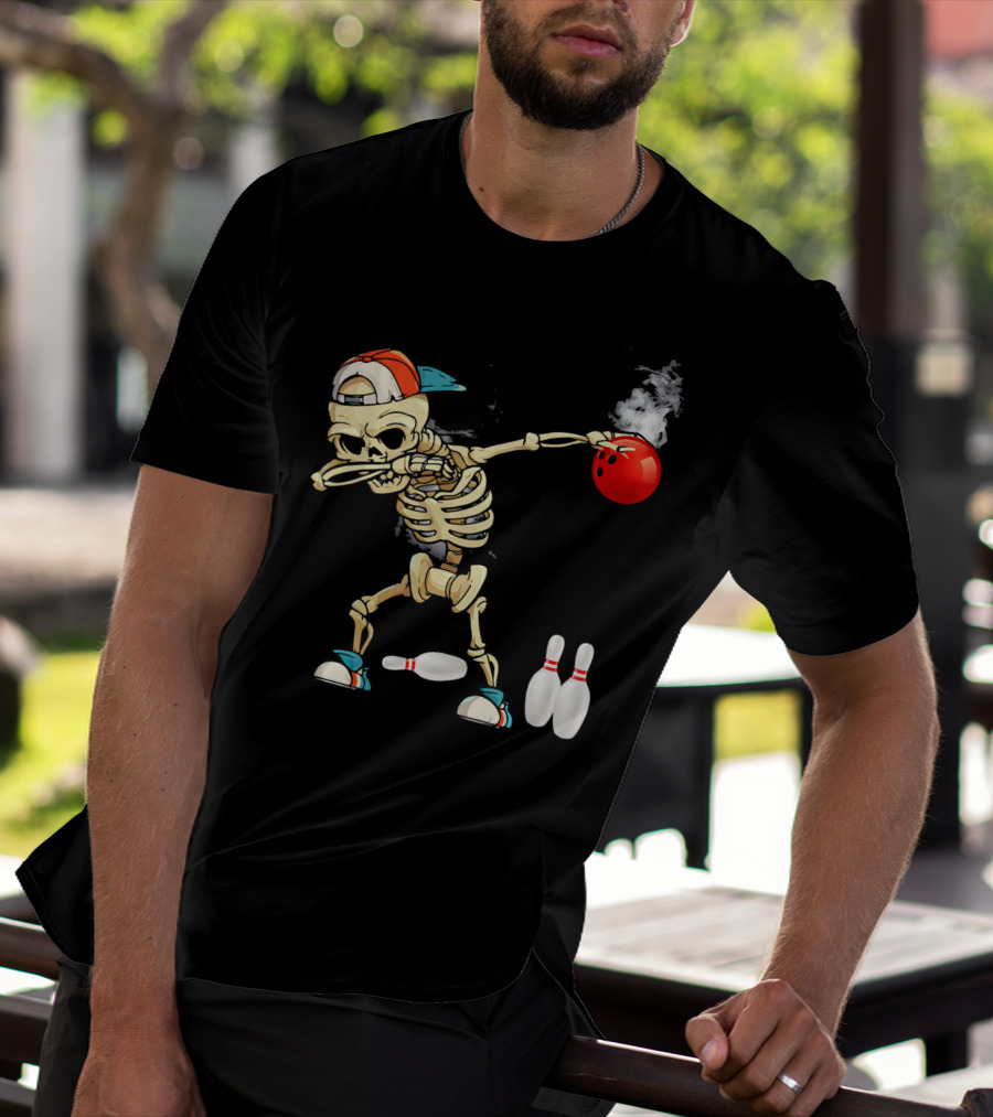 Dabbing Skeleton Holding Red Bowling Ball With Pins T-Shirt