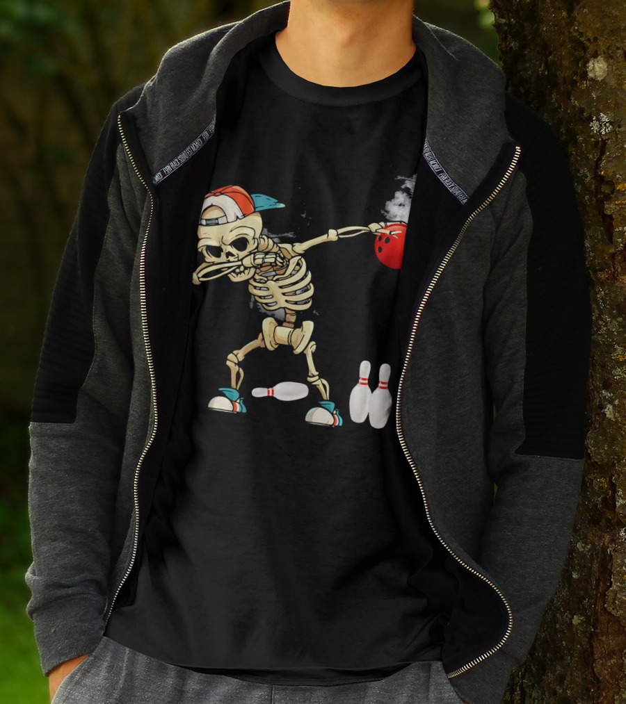 Dabbing Skeleton Holding Red Bowling Ball With Pins T-Shirt
