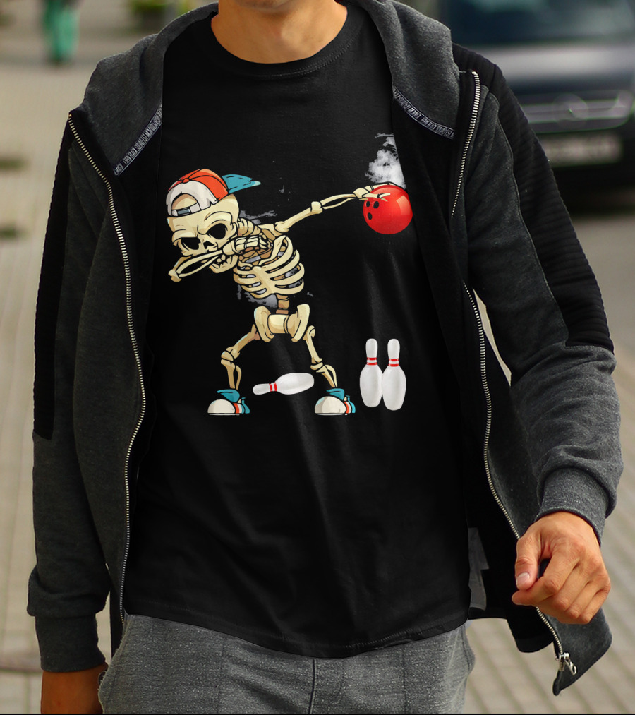 Dabbing Skeleton Holding Red Bowling Ball With Pins T-Shirt
