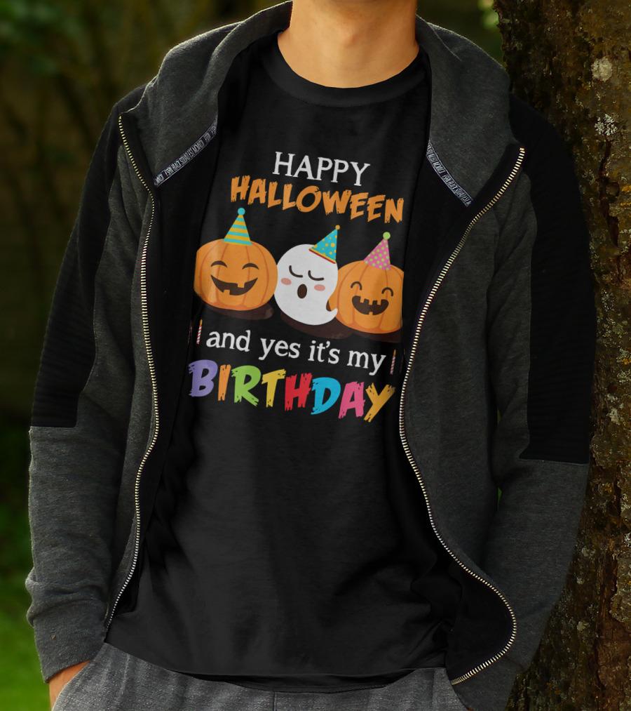 Happy Halloween And Yes It's My Birthday With Pumpkins And Ghost Party Hats T-Shirt