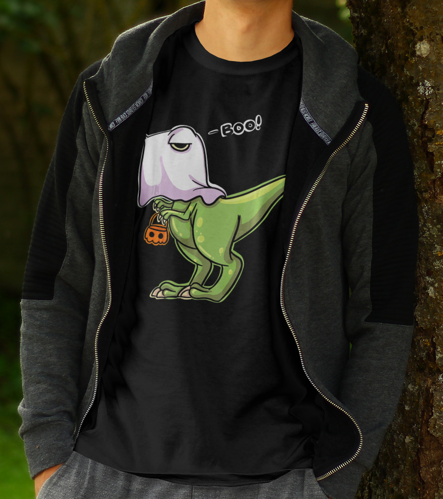 Funny Dinosaur Dressed As Halloween Ghost With Boo Text And Pumpkin T-Shirt