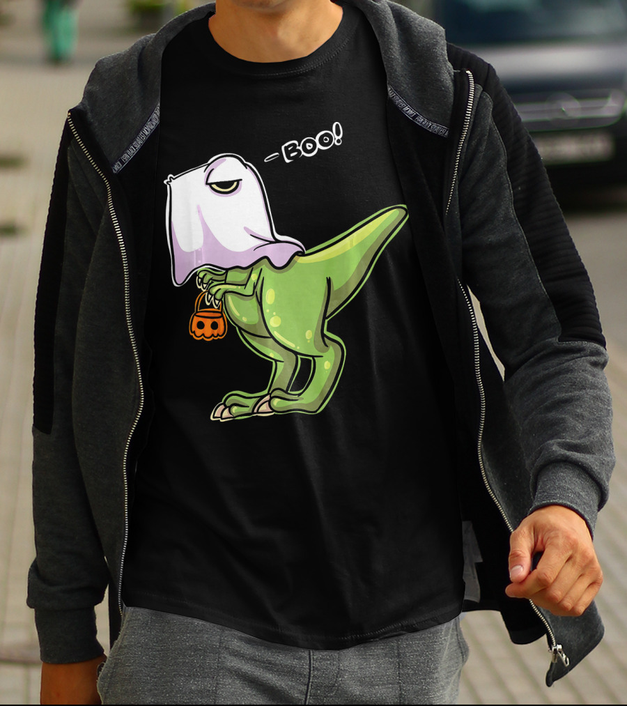 Funny Dinosaur Dressed As Halloween Ghost With Boo Text And Pumpkin T-Shirt