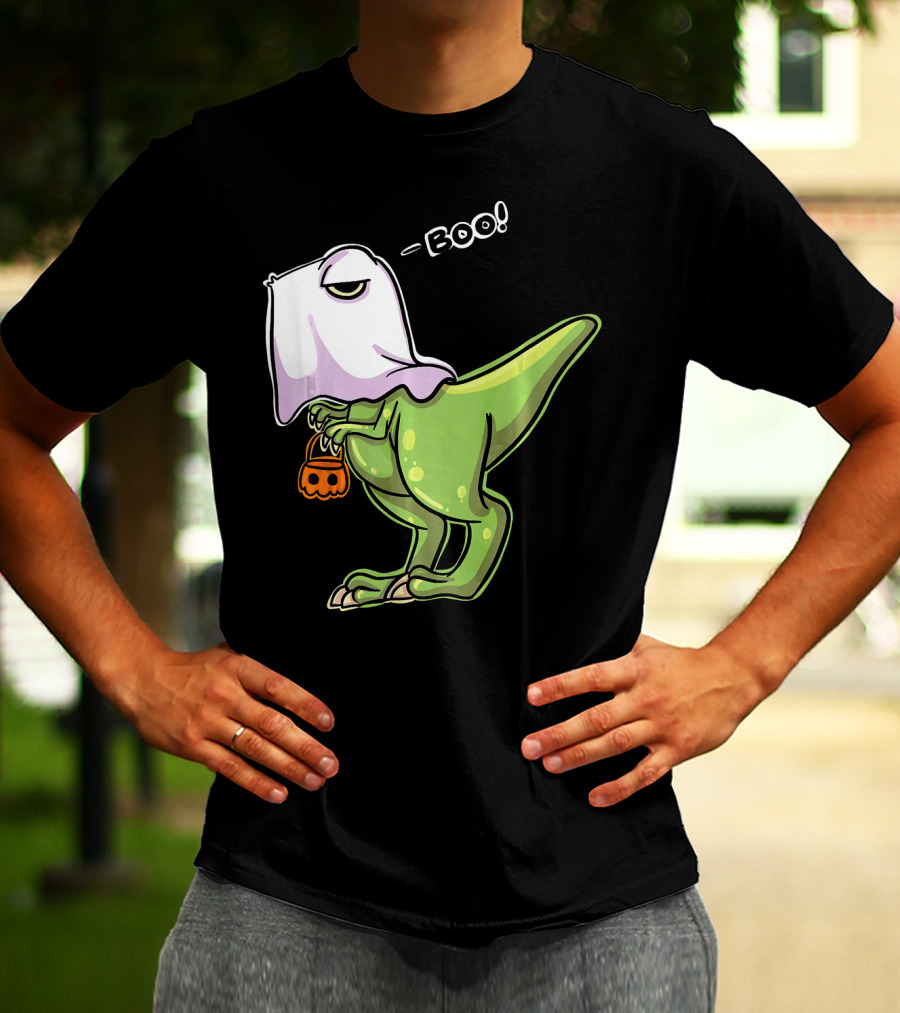 Funny Dinosaur Dressed As Halloween Ghost With Boo Text And Pumpkin T-Shirt